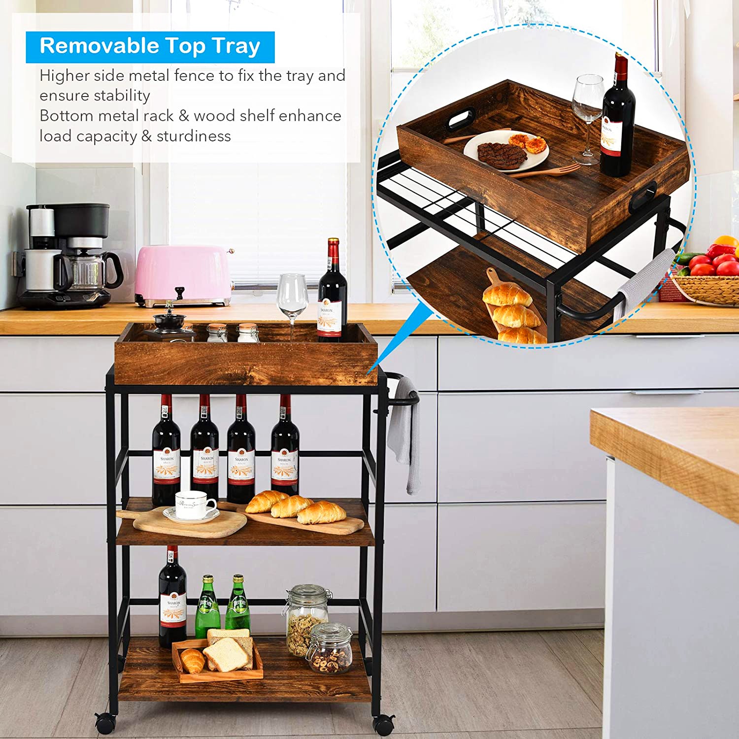 Brown Wood Kitchen Cart with Rack