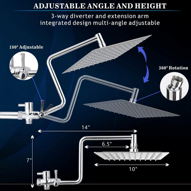 SUGIFT Luxury Dual Shower Head Combo, 10in Rainfall Shower Head with 5in Handheld High Pressure Shower Head with Holder and Hose (Chrome)