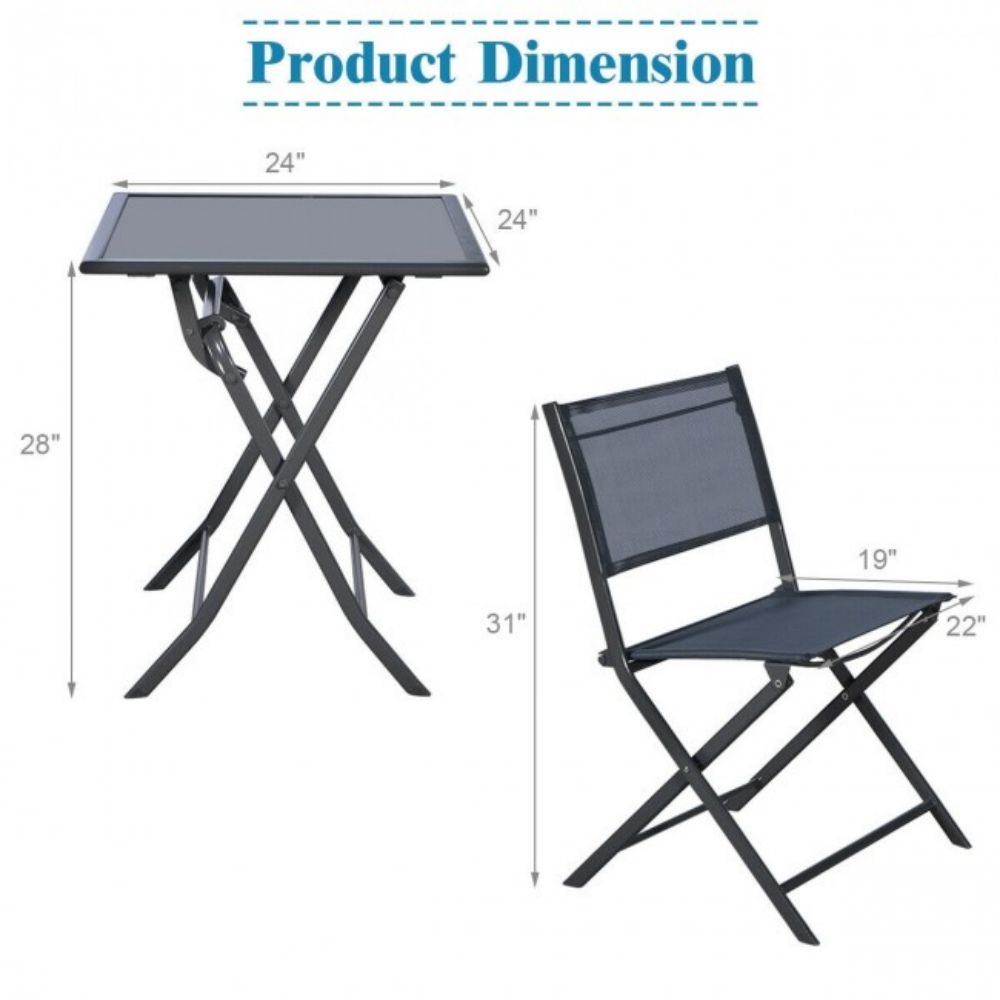 3 Piece Metal Outdoor Patio Conversation Set Garden Backyard Table Chairs Furniture Set with Folding Table