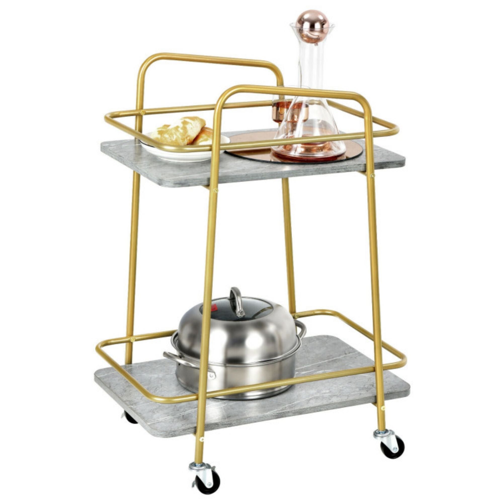 2-Tier Gray Kitchen Rolling Cart with Steel Frame and Lockable Casters