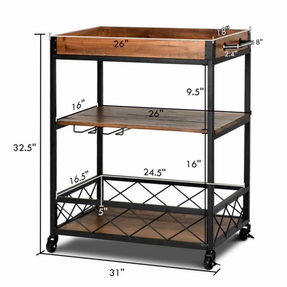 3-Tier Metal Brown Small Rolling Kitchen Cart Bar Serving Cart with Utility Shelf and Handle Racks