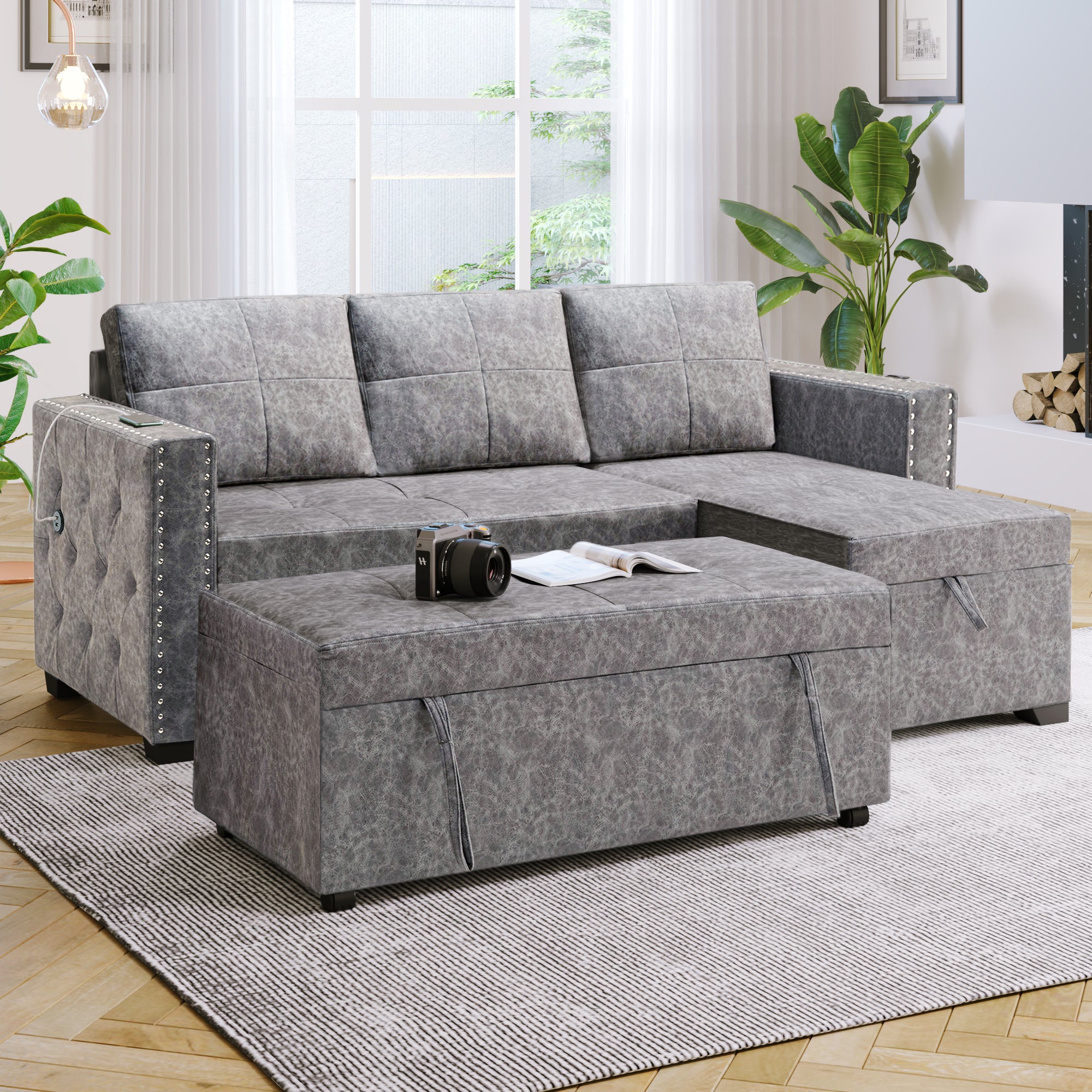 SUGIFT 84in L Sectional Sofa with USB Charger, Seats Sofa Bed with Storage Chaise, Sleeper Independent Use as Coffee Table