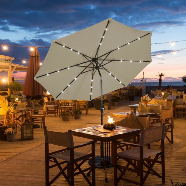 10 Feet Outdoor Umbrella Solar LED Lighted Patio Market Umbrella Shade Tilt Adjustment Crank