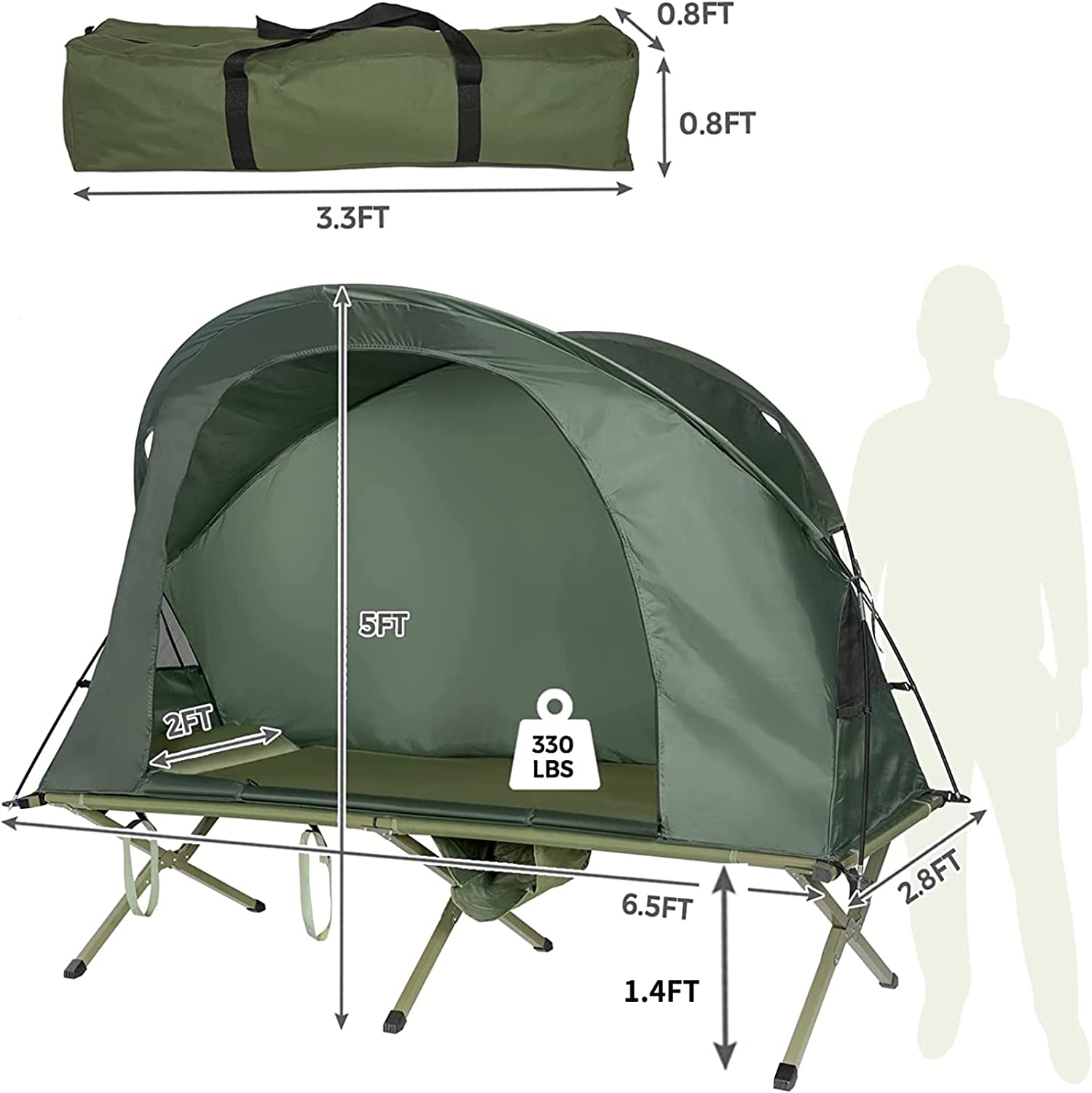 1-Person Green Outdoor Folding Camping Tent Cot Elevated Compact Tent with External Cover