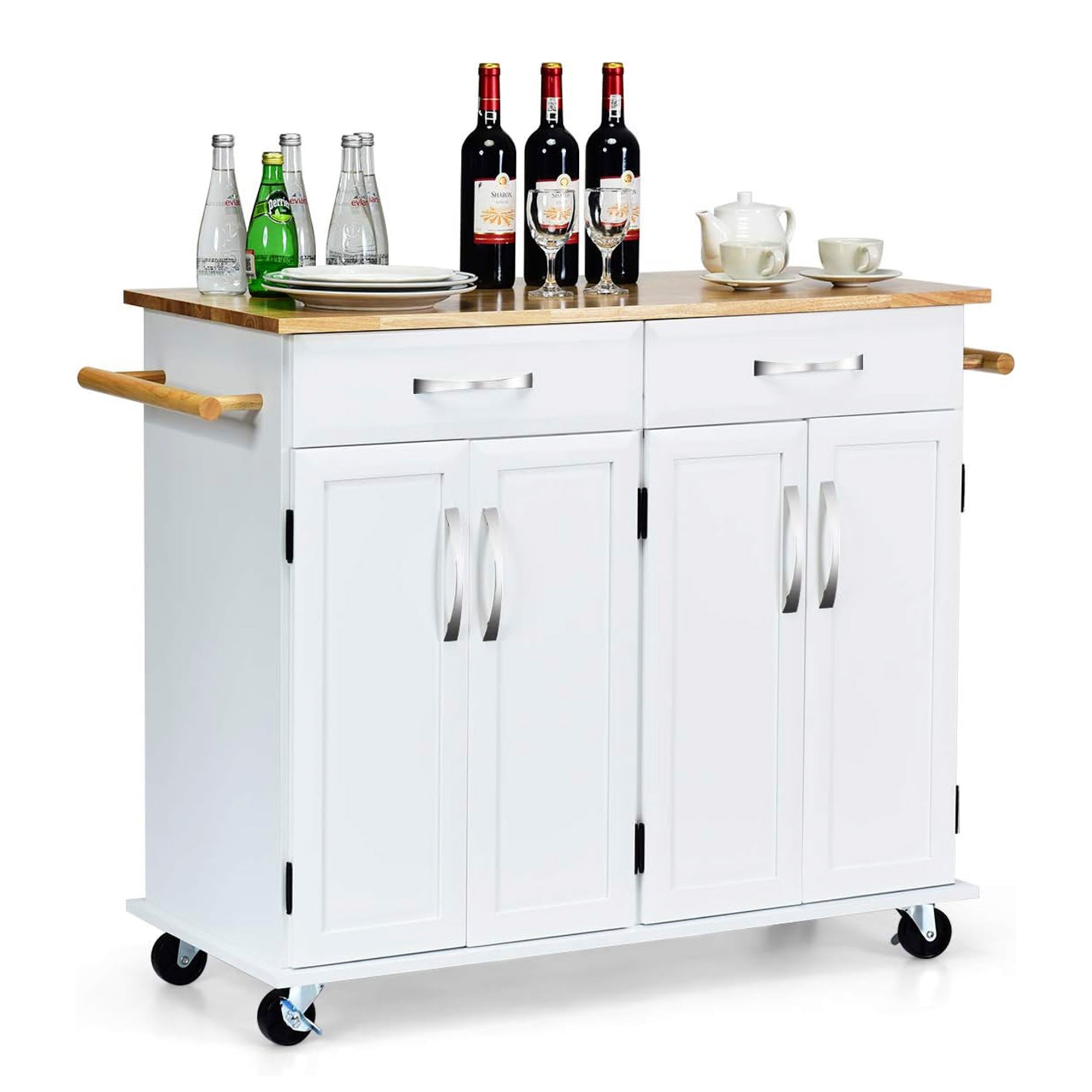 White Rolling Kitchen Cart with Towel Rack and Wood Table Top