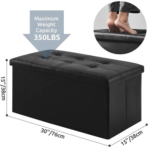 30 inches Folding Storage Ottoman, 80L Storage Bench for Bedroom and Hallway, Faux Leather Black Footrest with Foam Padded Seat, Support 350lbs