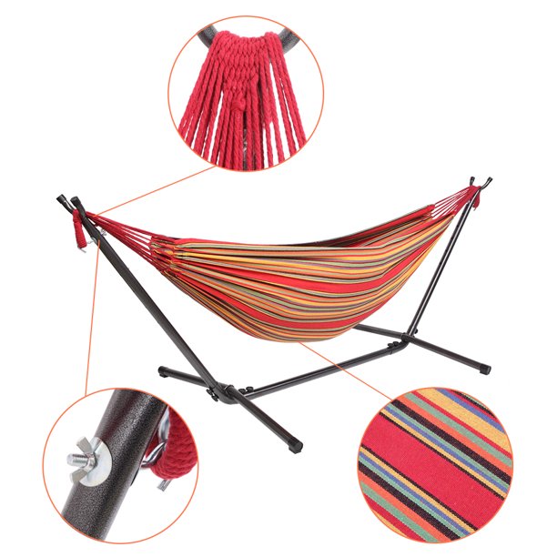 Hammock 2-Person Brazilian-Style Cotton Double Hammock Bed w/ Carrying Bag, Steel Stand, Rainbow