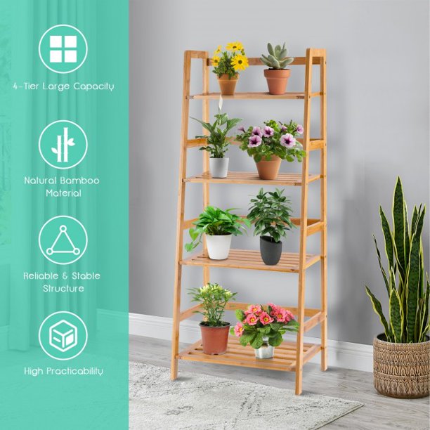 SUGIFT Multifunctional 4 Shelf Bamboo Plant Flower Storage Stand Rack Organizer