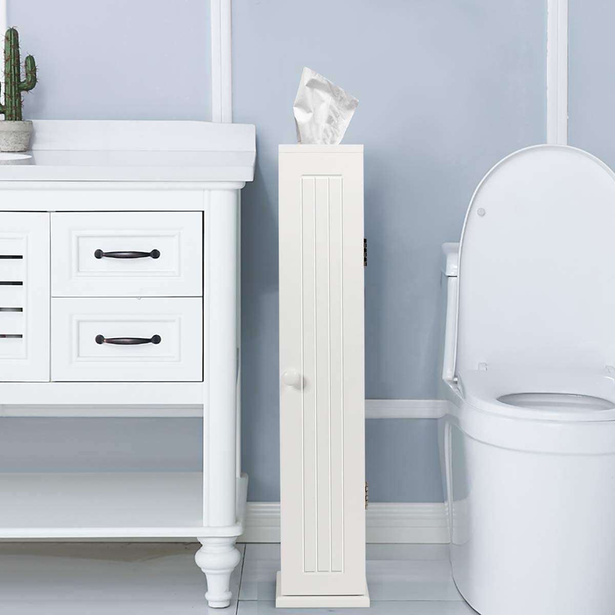 Free Standing Toilet Paper Holder with 4 Shelves and Top Slot for