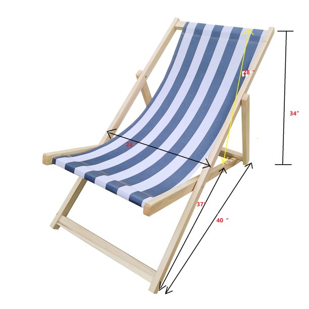 SUGIFT Beach Sling Chair, Lounge Striped Chair Outdoor, Reclining Beach Chair, Wooden Folding Adjustable Patio Chair, Blue