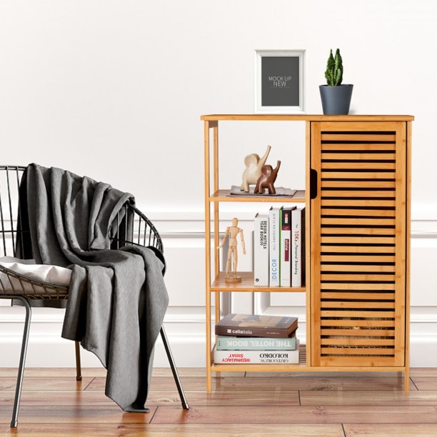 Bamboo Storage Cabinet with Single Door Organizer Shelf