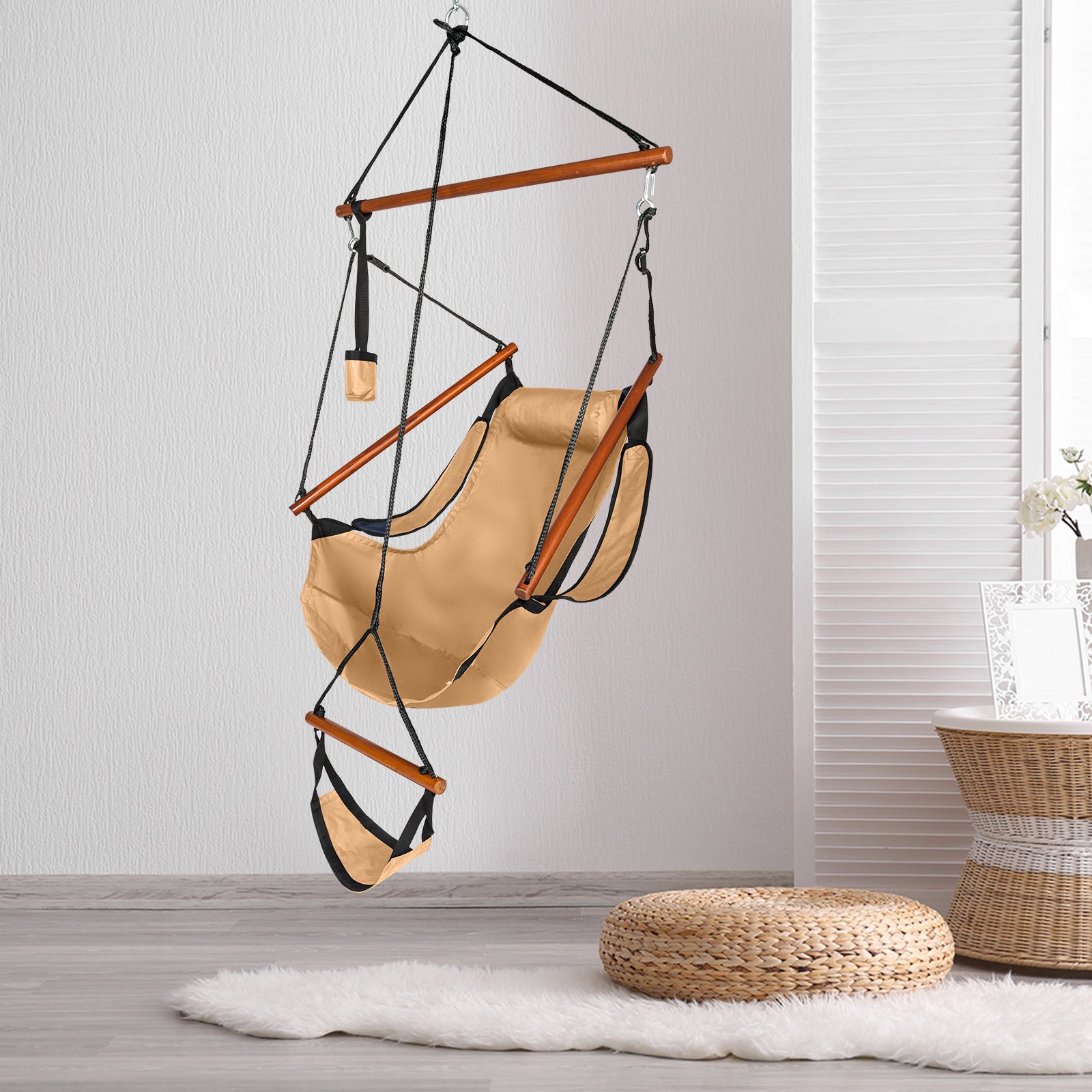 Cloth Hardwood With Cup Holder Wooden Stick Perforated 100kg Seaside Courtyard Oxford Cloth Hanging Chair?? Brown