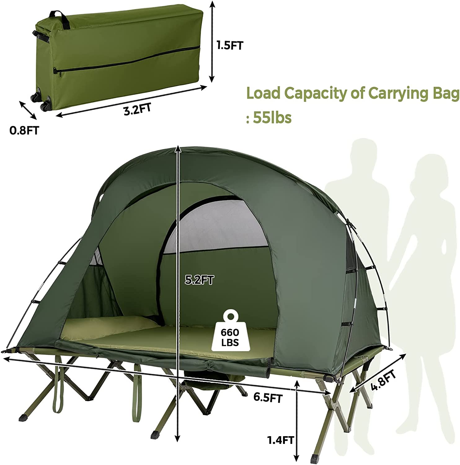 2-Person Green Outdoor Folding Camping Tent Elevated Tent with External Cover