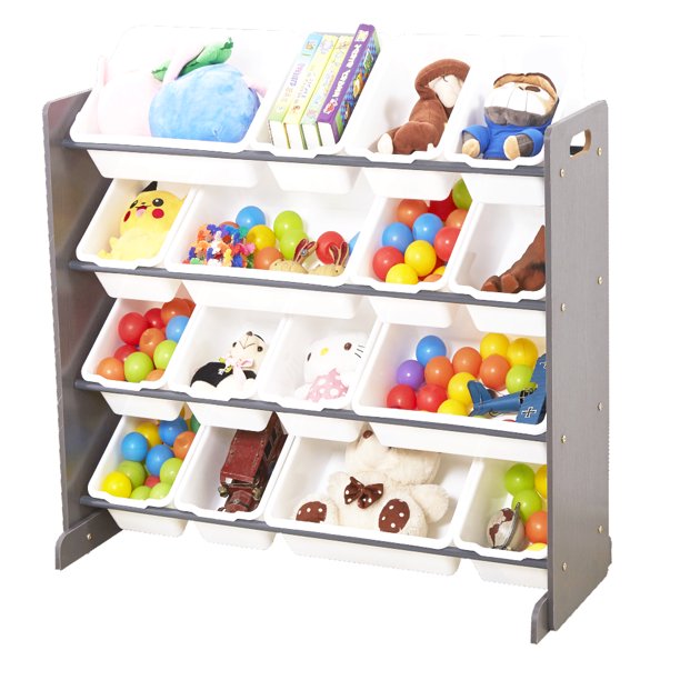 Wooden Kids' Toy Storage Organizer with 16 Plastic Bins, Gray