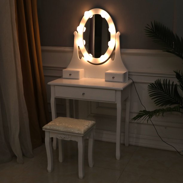 3-Drawer Dressing Table with Mirror Lights, Vanity Table with Upholstered Stool for Bathroom Bedroom, White