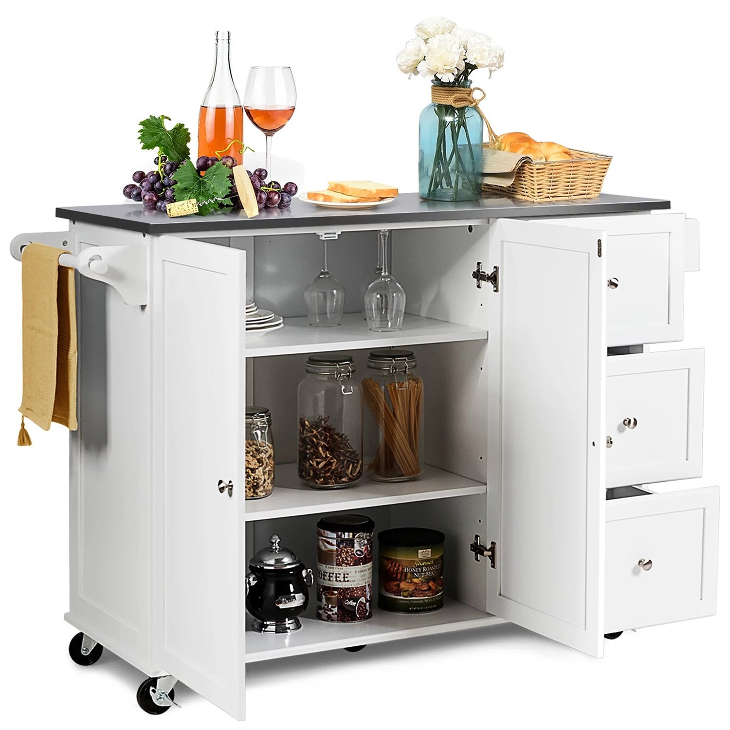 SUGIFT Kitchen Island 2 Doors Locker On Wheels Stainless Steel Top 3 Drawers White