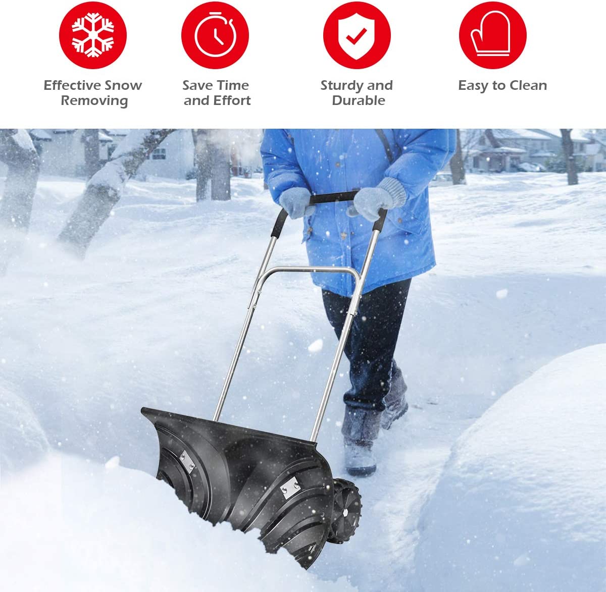 17 in. Plastic Handle and Steel Blade Rolling Pusher Snow Shovel