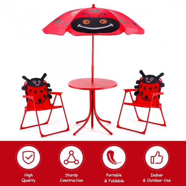 SUGIFT Kids Patio Folding Table and Chairs Set Beetle with Umbrella