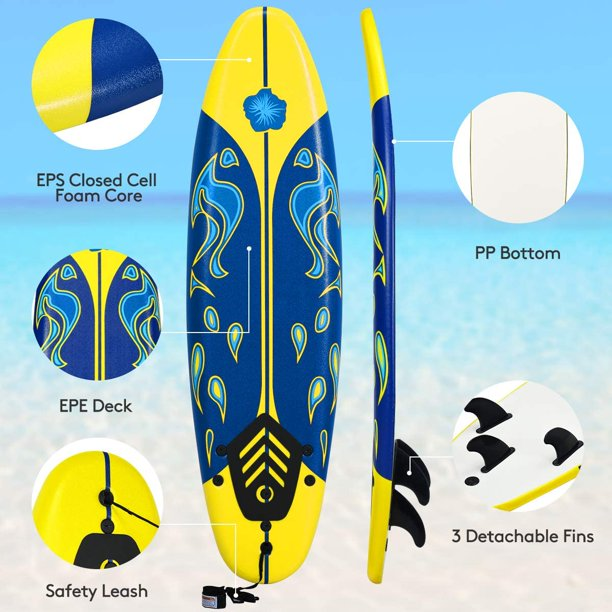 SKONYON 6Ft Premium Foam Surfboard with Removable Fins for All Levels of Surfing for Adults and Kids