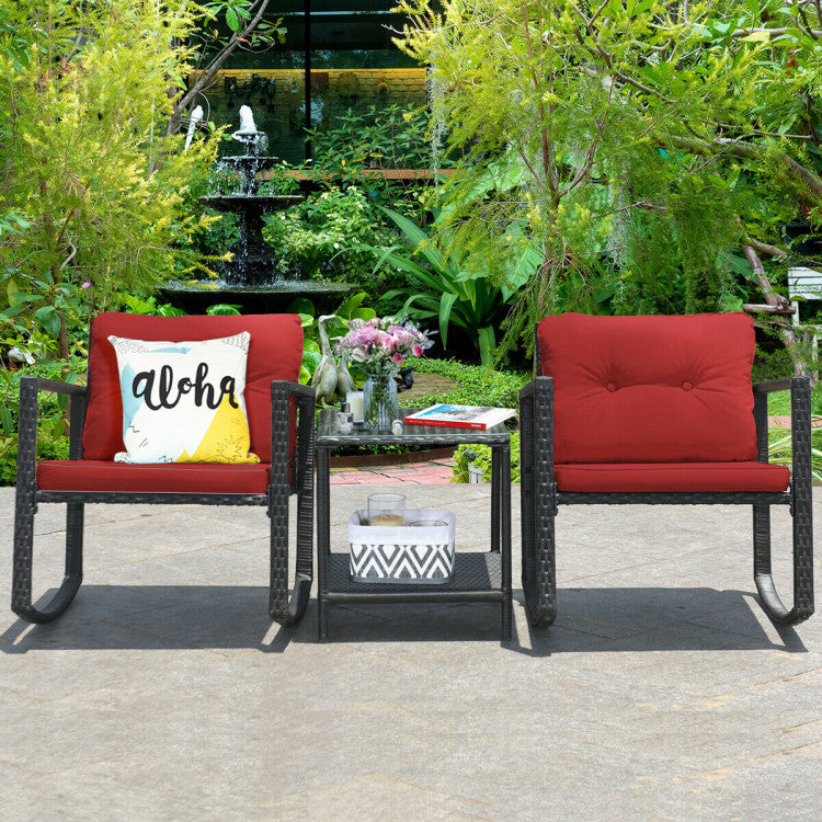 Black 3-Piece Wicker Outdoor Bistro Set with Red Cushions