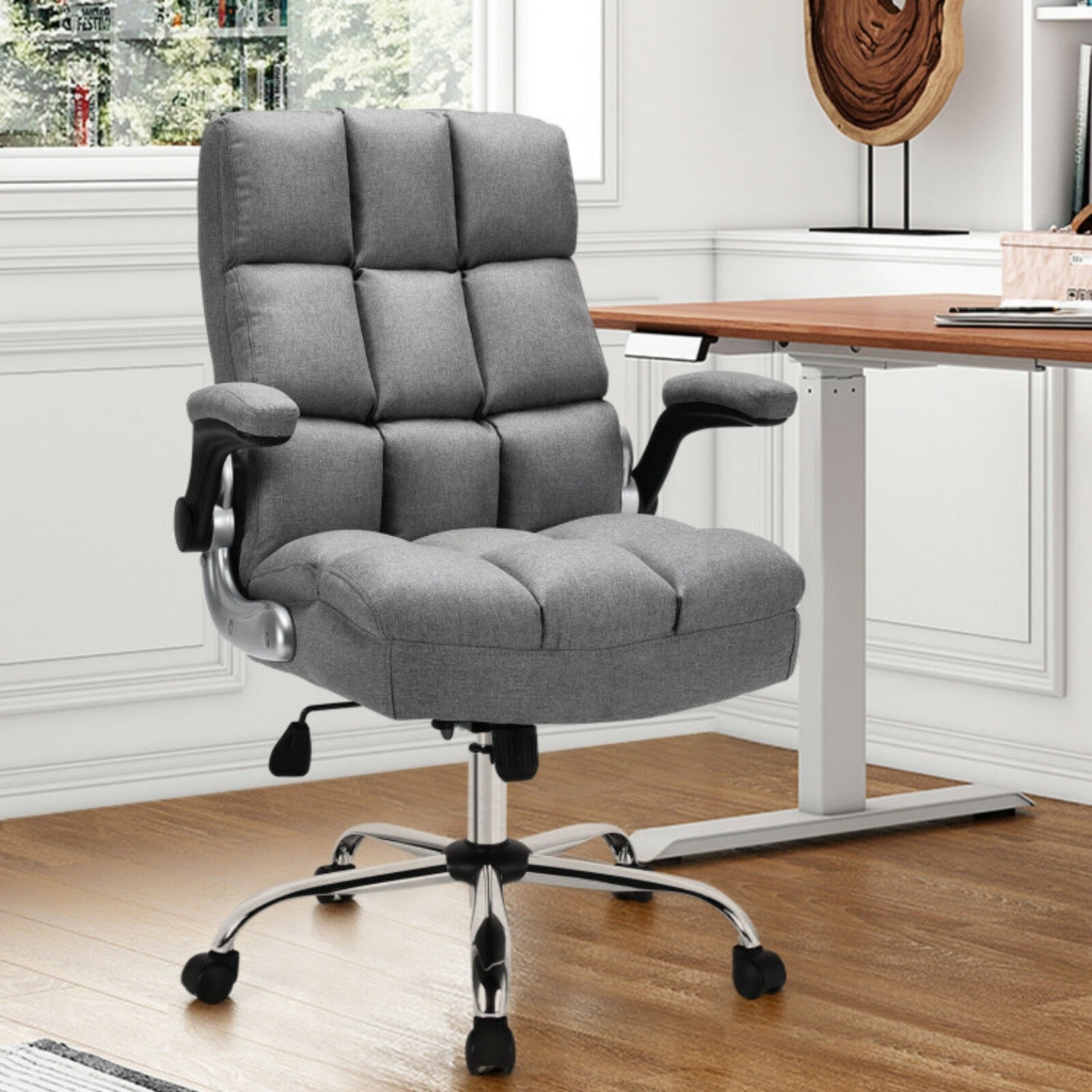 SUGIFT Adjustable Swivel Office Chair with High Back and Flip-up Arm, Gray