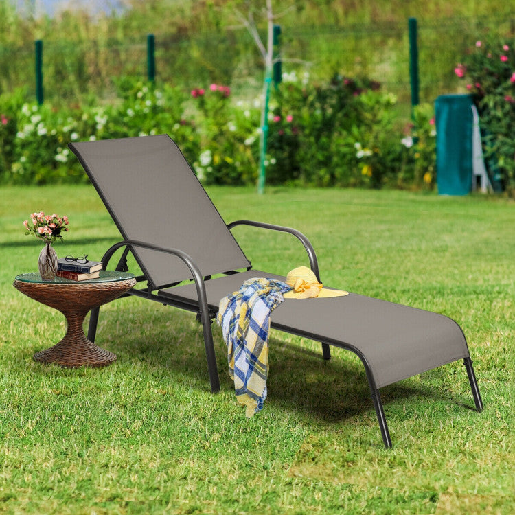 2-Piece Metal Adjustable Outdoor Chaise Lounges Chairs with Adjustable Reclining Armrest in Brown