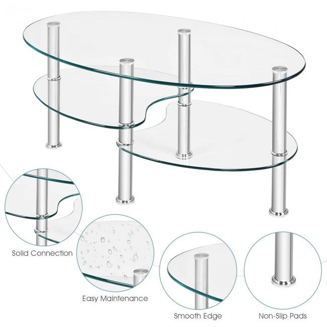 SUGIFT Tempered Glass Oval Side Coffee Table,Transparent