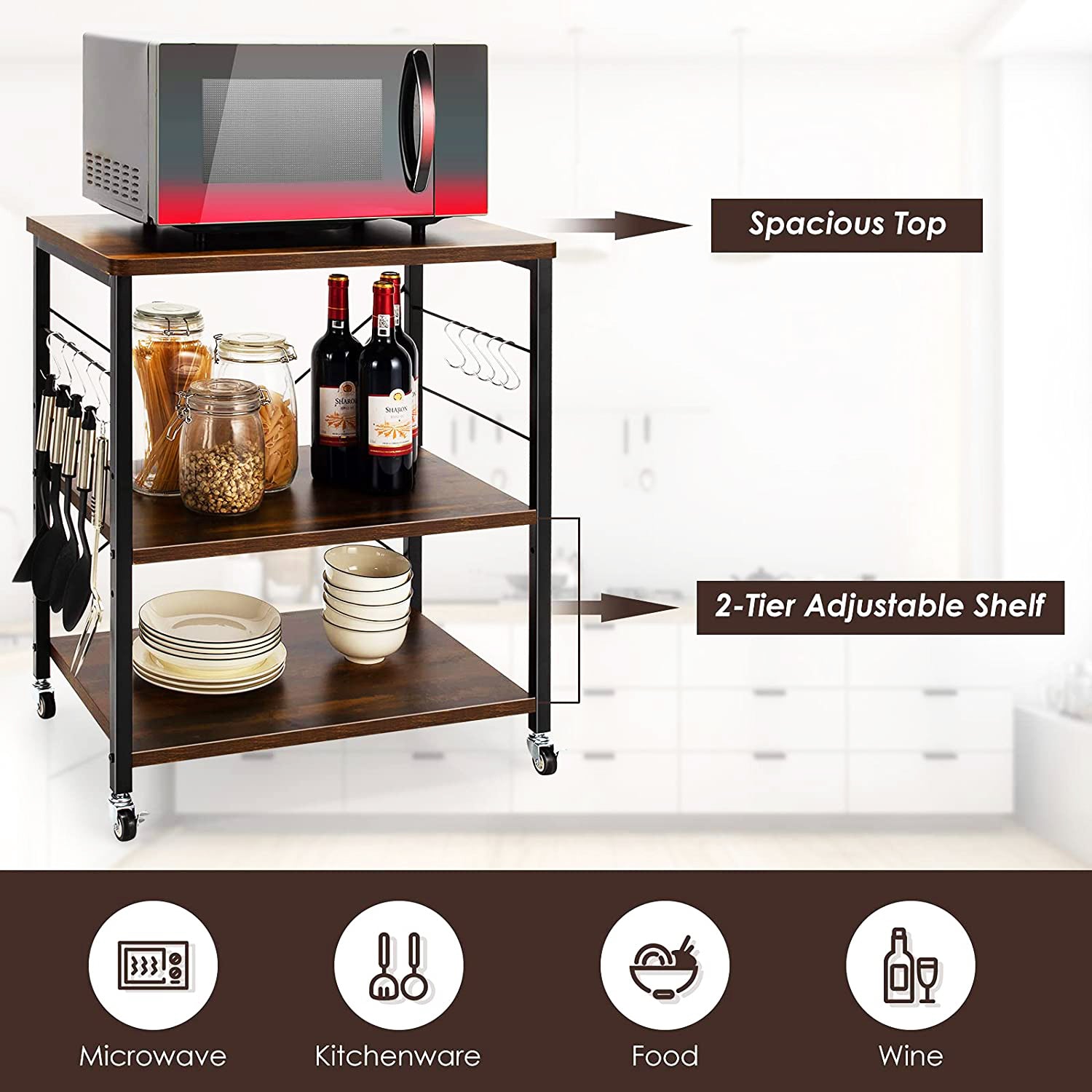 3-Tier Brown Wood Kitchen Cart with 10-Hooks