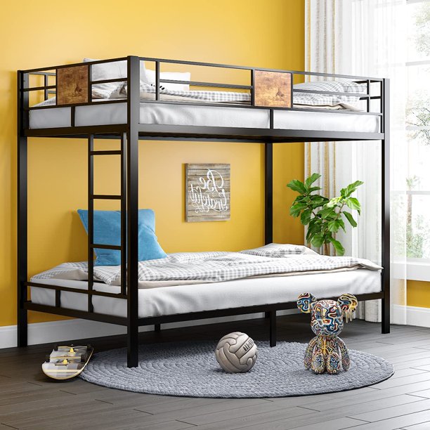 Bunk Bed Twin Over Twin Size with Ladder and Full-Length Guardrail, Black