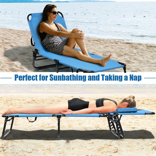 Folding Lounge Chair Portable Chaise Beach Pool Patio Lounge Chair Bed with Adjustable Back and Hole