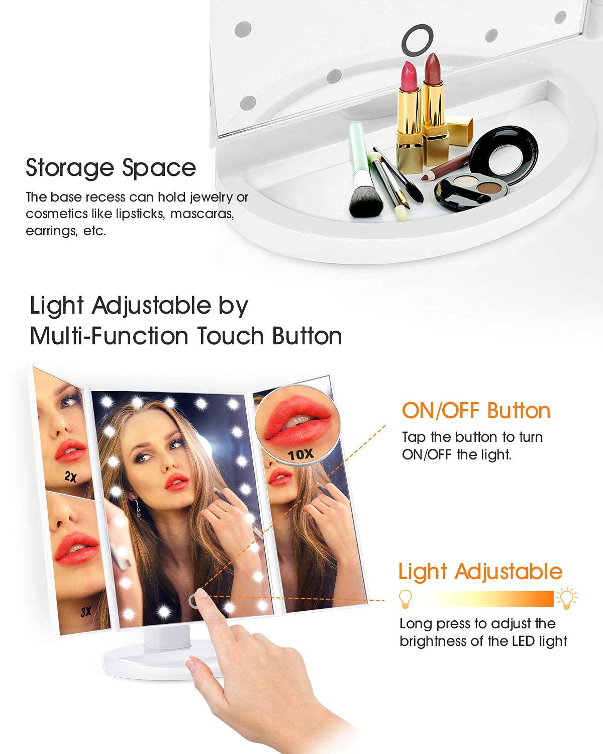 SUGIFT Vanity Lighted 10X 3X 2X 1X Magnifying with 22 LED Lights, Touch Screen, Trifold Makeup Mirror, White