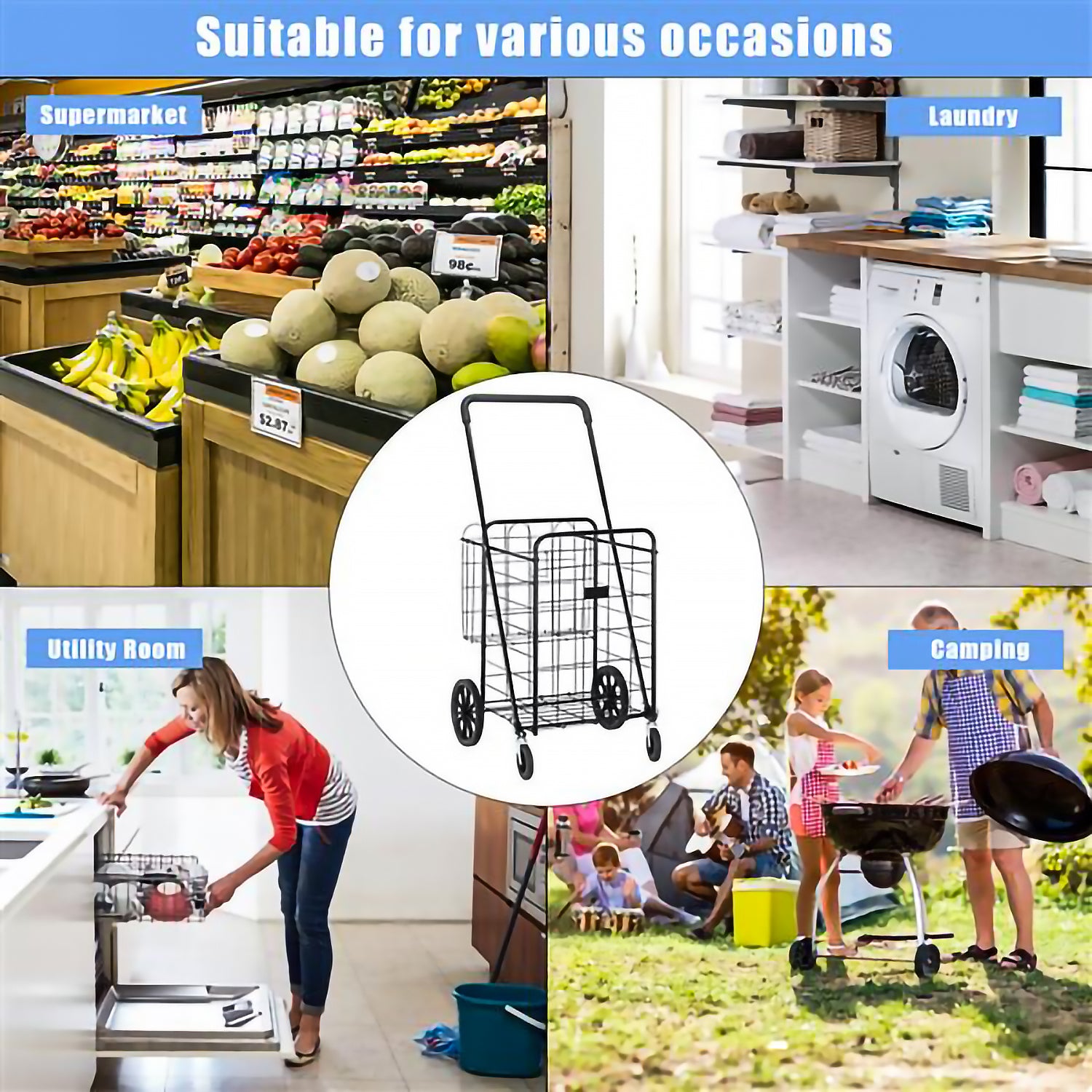 SUGIFT Iron 1200mm Telescopic Armrest 0.8mm No. 16 Round Tube 50kg Black Foldable Shopping Cart