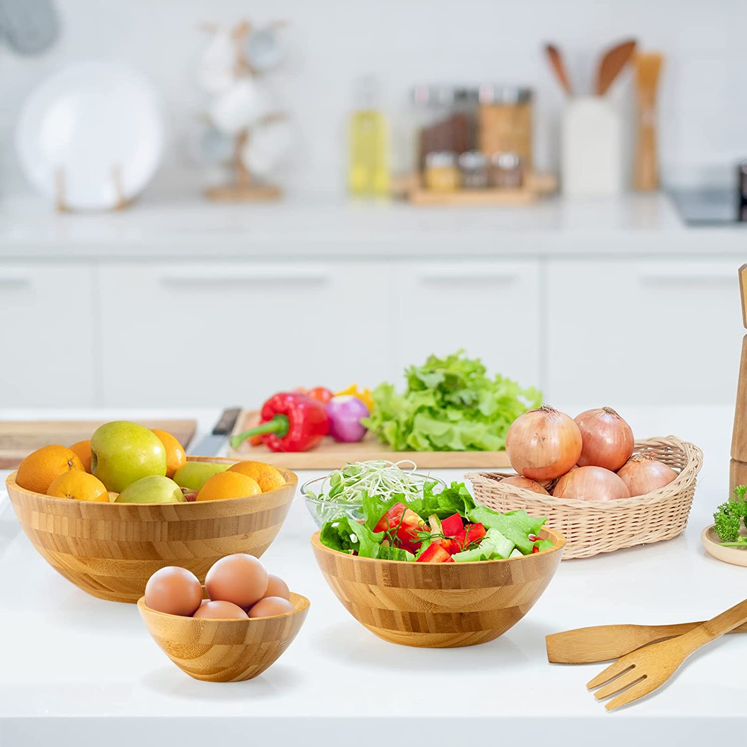 100 fl.oz. Natural Brown Bamboo Wood Salad Bowl Set (Set of 8)