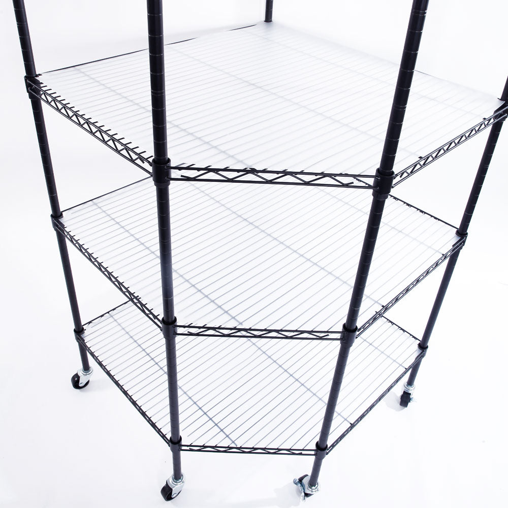6-Layer Plastic Coated Polygonal Corner Shelf with 2 in PP Wheels 680*680*1800 Black