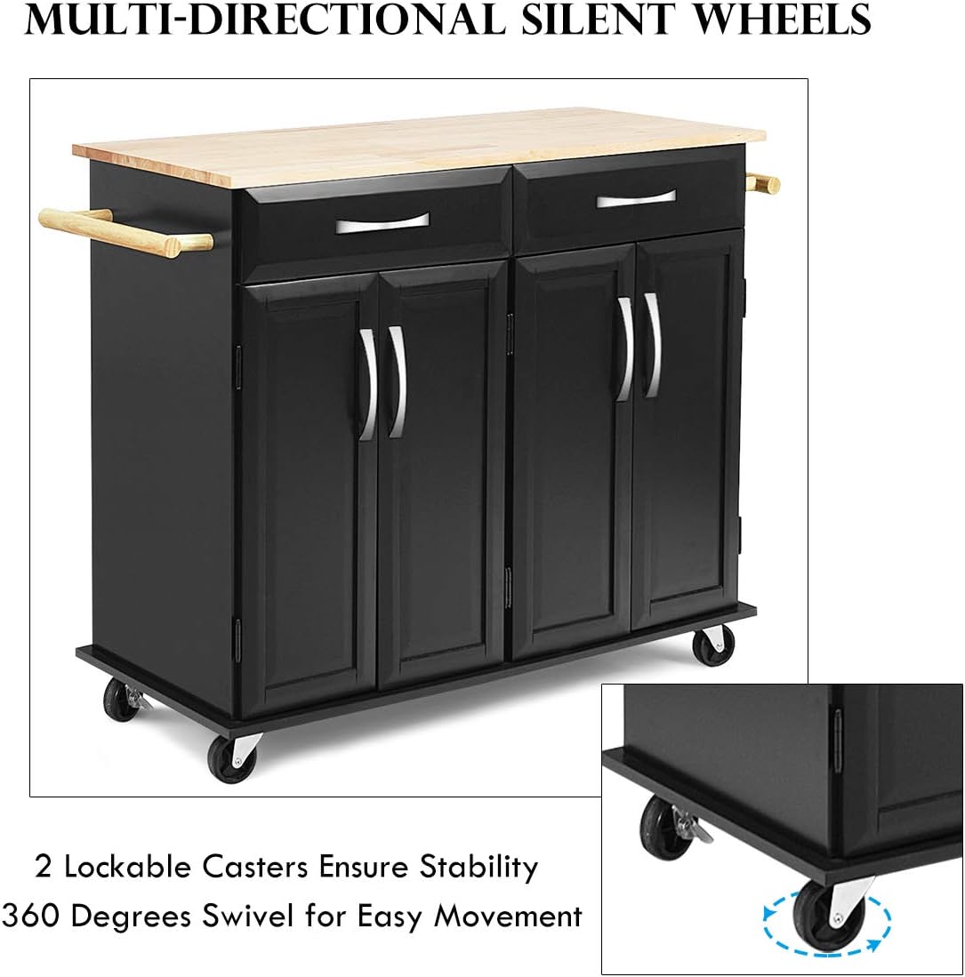 Black Rolling Kitchen Cart with Towel Rack and Wood Table Top