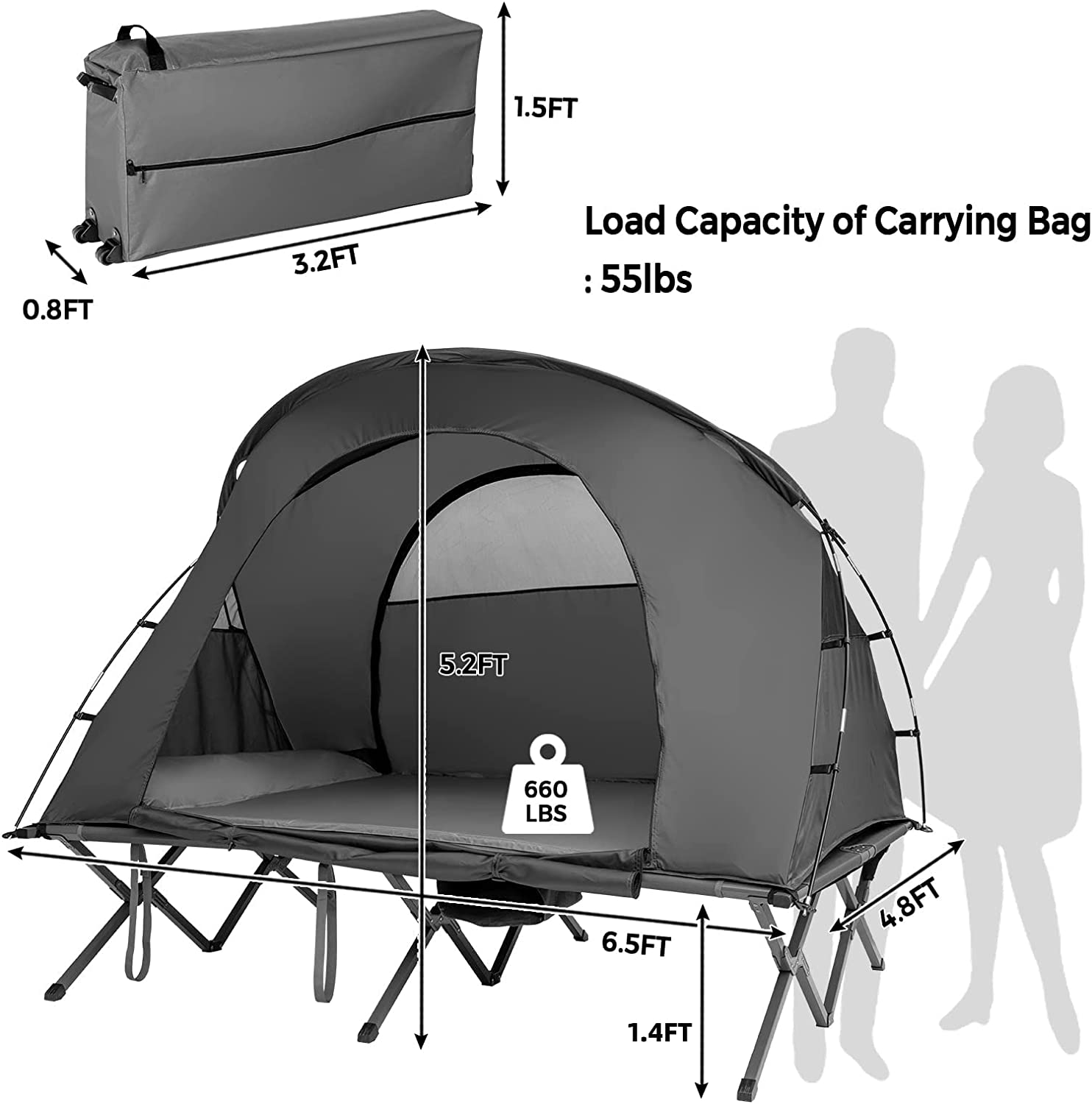 2-Person Gray Outdoor Folding Camping Tent Elevated Tent with External Cover