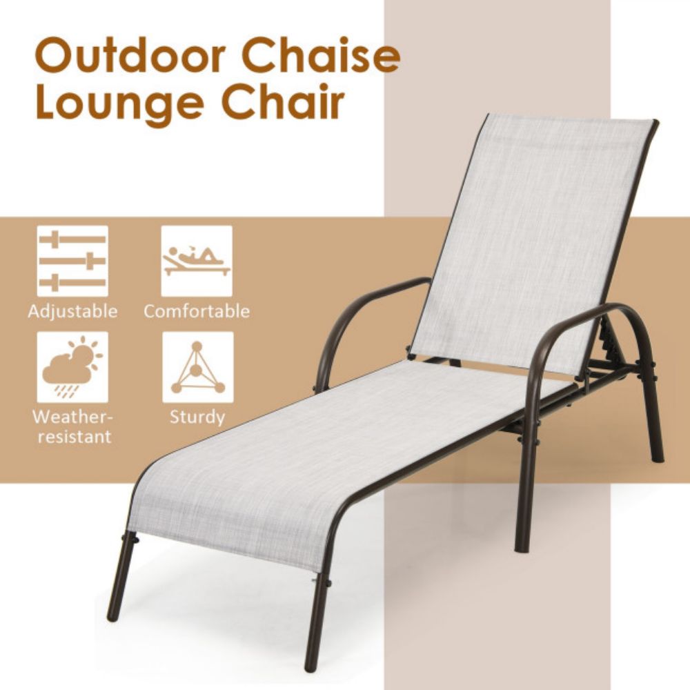 2-Piece Gray Metal Outdoor Adjustable Chaise Lounge with Armrest