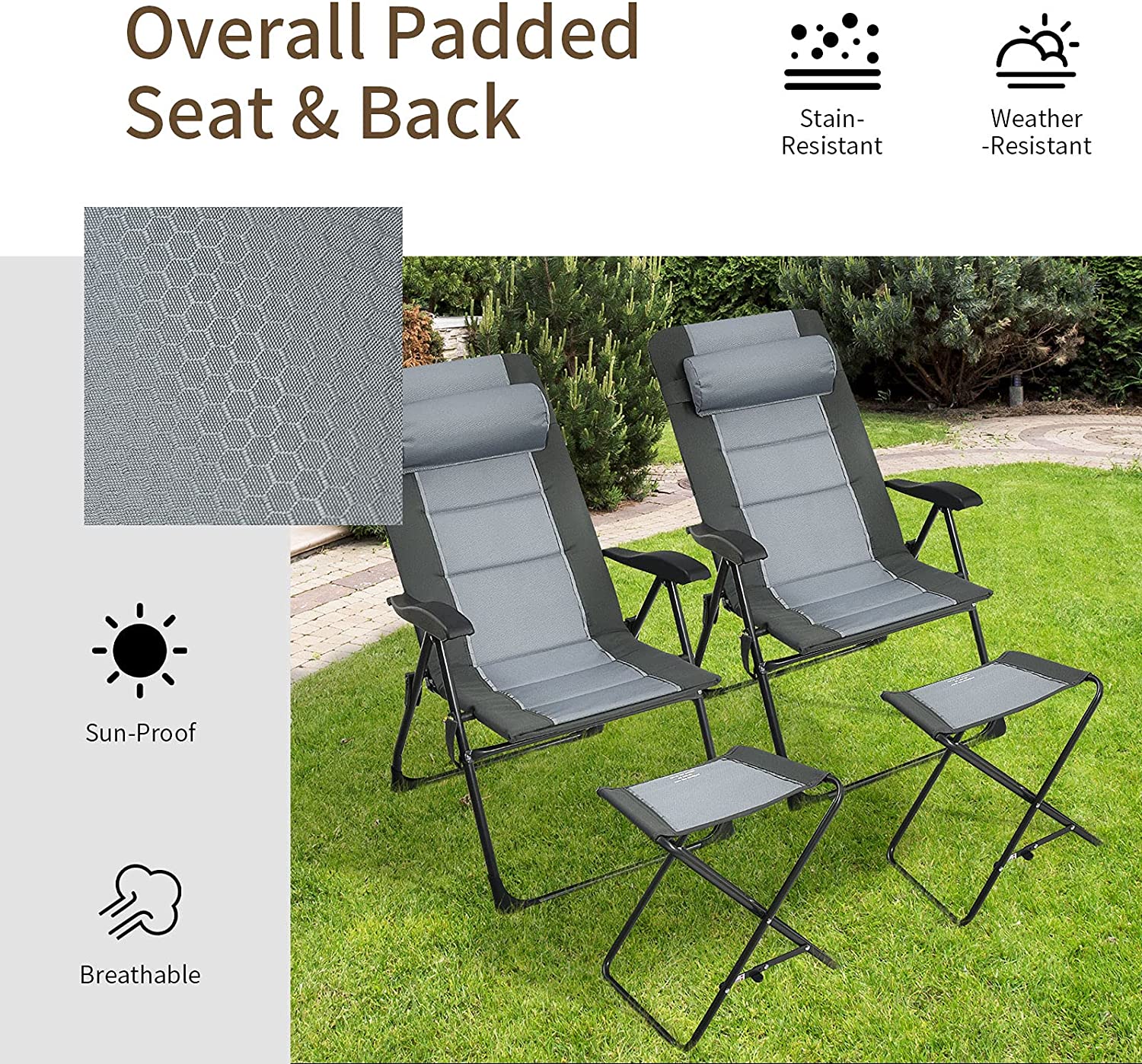 2-Pieces Patio Folding Dining Chairs set with Adjustable Backrest and Ottomans