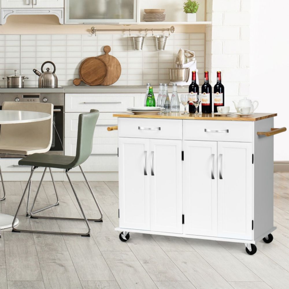 White Rolling Kitchen Cart with Towel Rack and Wood Table Top