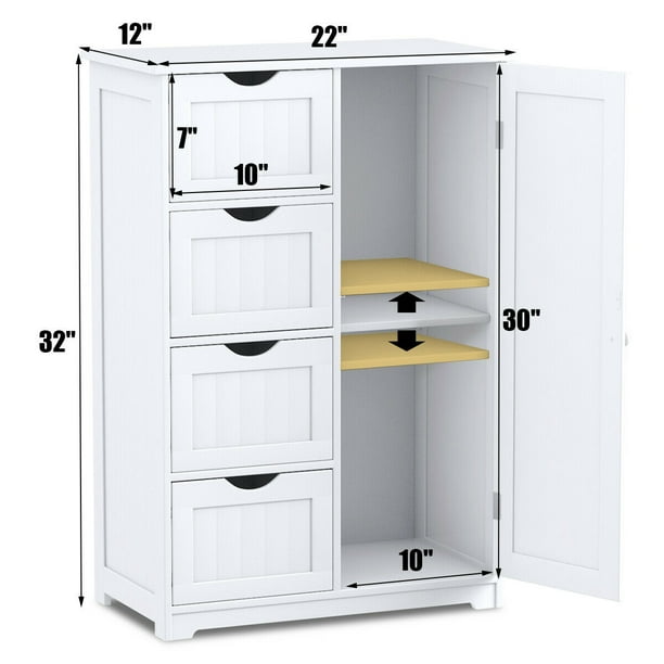 SUGIFT Wooden 4 Drawer Bathroom Cabinet Storage Cupboard 2 Shelves Free Standing White