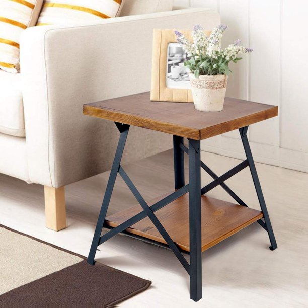 SUGIFT End Table Coffee Table Desk with Solid Wood Top, Industrial Metal Base