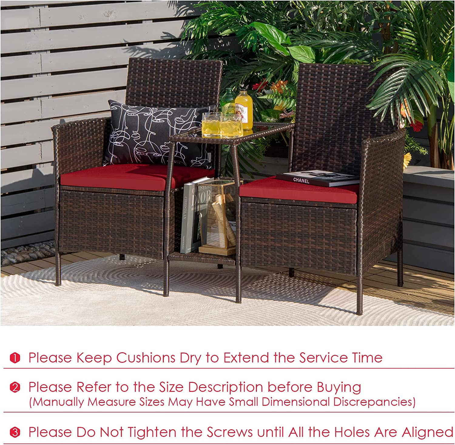 1-Piece Rattan Wicker Patio Conversation Loveseat Set with Red Cushions and Glass Table