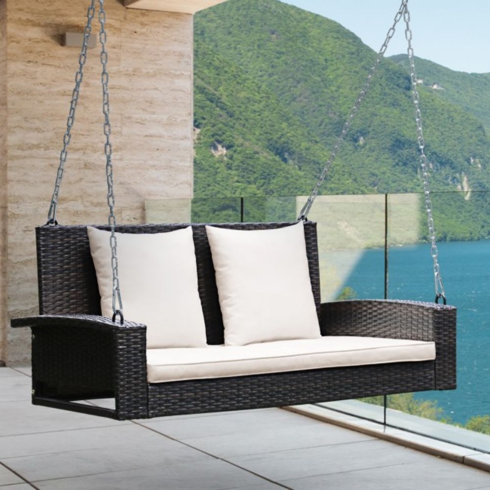 2-Person Brown Wicker Patio Porch Swing with White Cushions