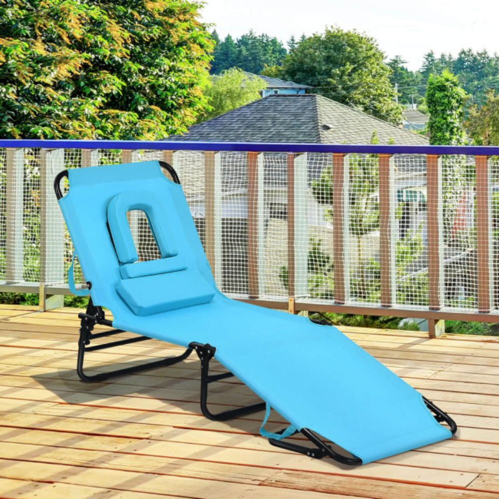 Turquoise 1-Piece Metal Folding Outdoor Chaise Lounge Chair with Adjustable Back