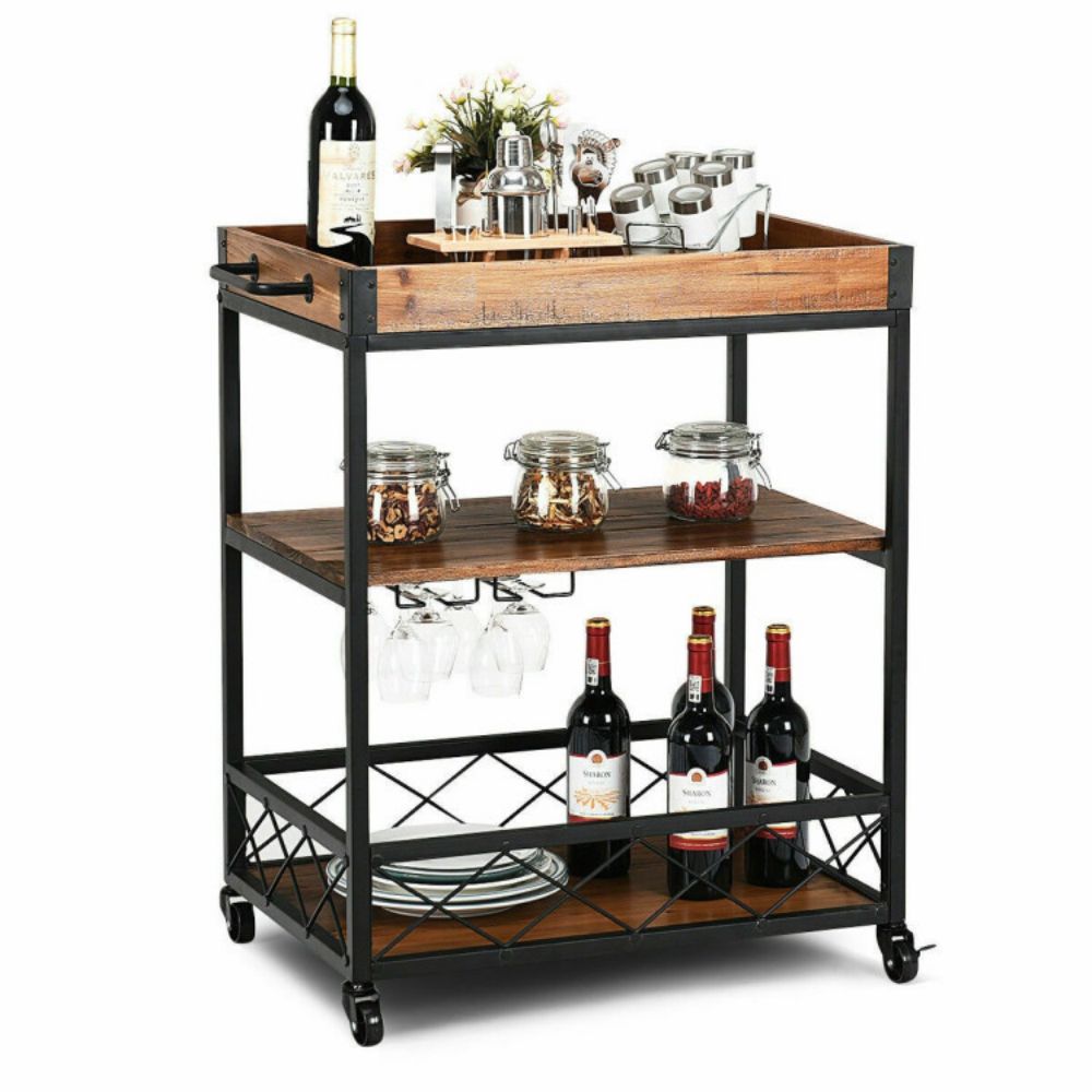 3-Tier Metal Brown Small Rolling Kitchen Cart Bar Serving Cart with Utility Shelf and Handle Racks