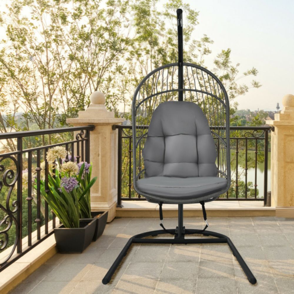 Wicker Hanging Patio Swing Egg Chair with Stand and Cushion