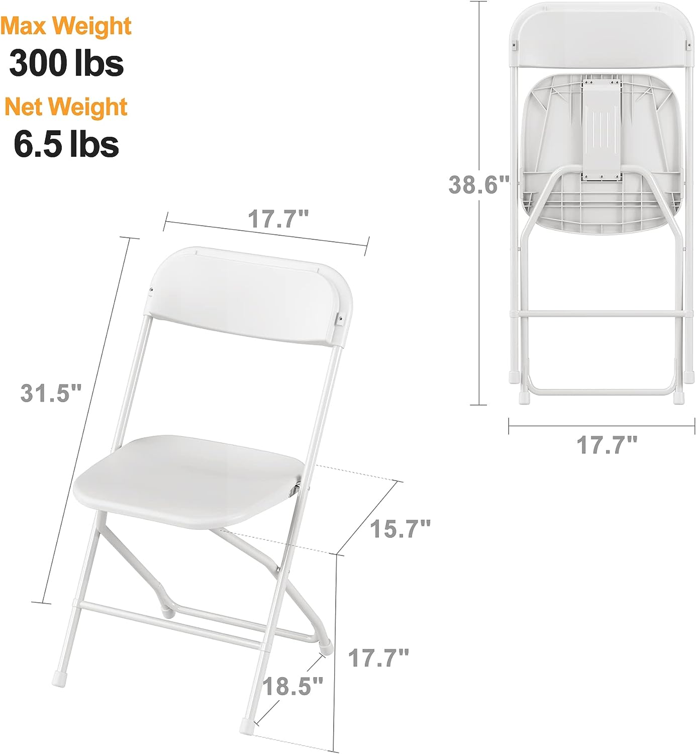 10 Pack Plastic Folding Chair, 300lb Capacity, Portable Commercial Chair with Steel Frame for Home Office Wedding Party Indoor Outdoor Events, Stackable, White