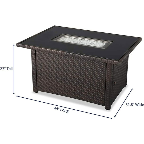 Rectangular 40000 BTU Liquid Propane Gas Outdoor Fire Pit Table with White Fire Glass, Center Insert and Cover, Brown/Black