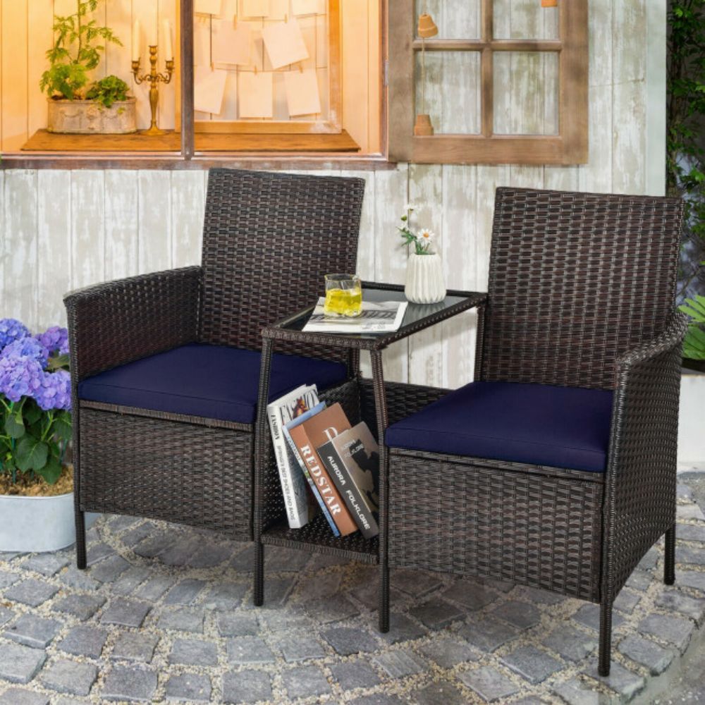 1-Piece Rattan Wicker Patio Conversation Loveseat Set with Navy Cushions and Glass Table