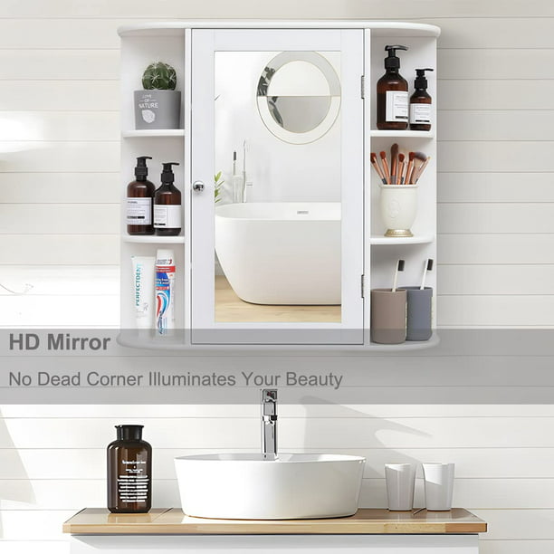 SUGIFT Bathroom Wall Cabinet with 1 Mirror Door Medicine Cabinet with Adjustable Shelf & 6 Open Shelves White